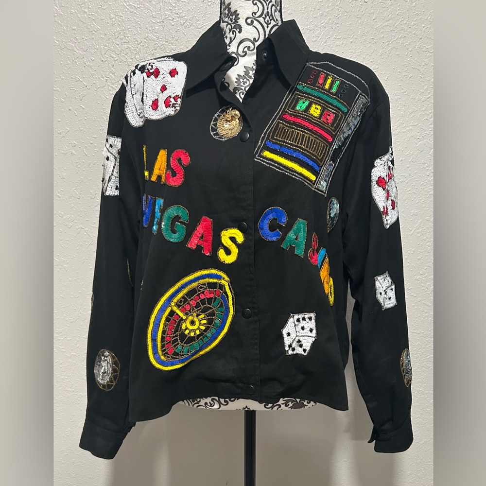 Felicity LAS VEGAS NEVADA  THEME CASINO BLING SEQUIN JACKET  Size M Vintage
